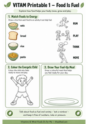 Food Is Fuel matching and colouring printable worksheet for ages 7 to 9