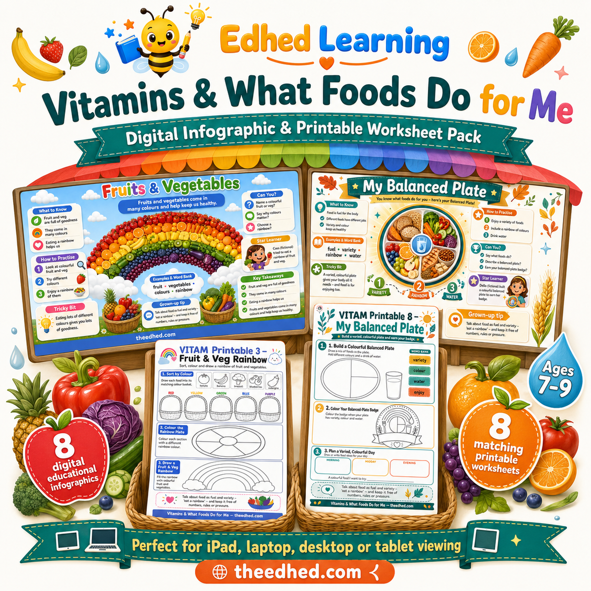 Vitamins and what foods do for me digital course with 8 infographics and 8 printable worksheets for ages 7 to 9