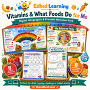 Vitamins and what foods do for me digital course with 8 infographics and 8 printable worksheets for ages 7 to 9