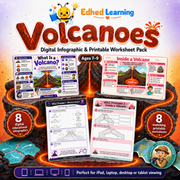 Volcanoes digital course showing 8 educational infographics and 8 printable worksheets for ages 7–9