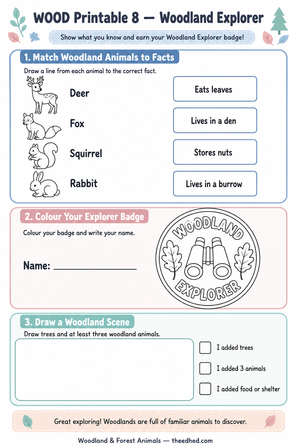 Woodland Explorer printable activity worksheet for ages 5 to 7