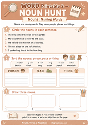 Noun Hunt printable worksheet for children ages 6 to 8