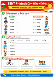 Writing a Super Sentence printable worksheet: Who and Doing